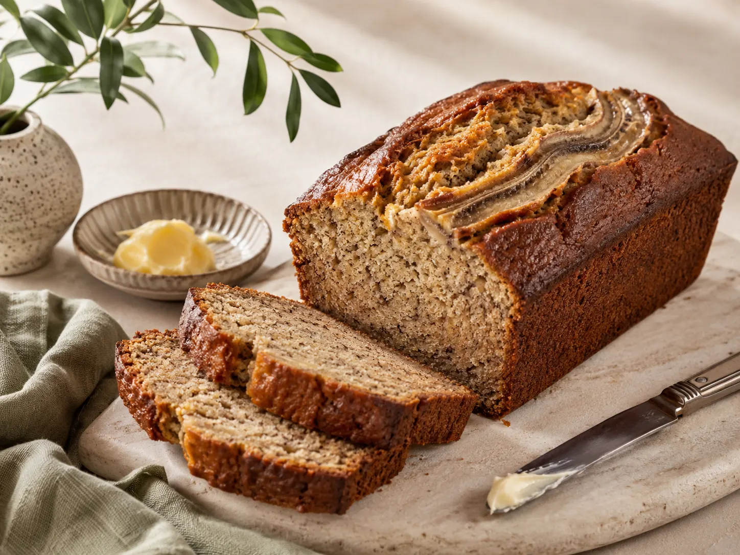 A fresh loaf of banana bread on a wooden board